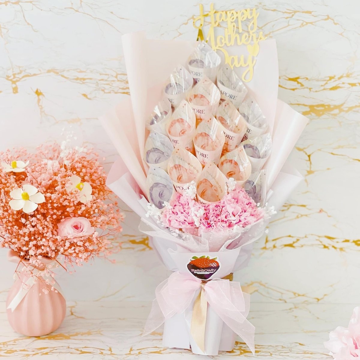 Mothers Day Preserved Carnation Money Luxury Cash Money Bouquet ( $88 cash notes inclusive)(2 days Pre-order) - Rainbowly Fresh Fruit Gift and Flower Arrangments