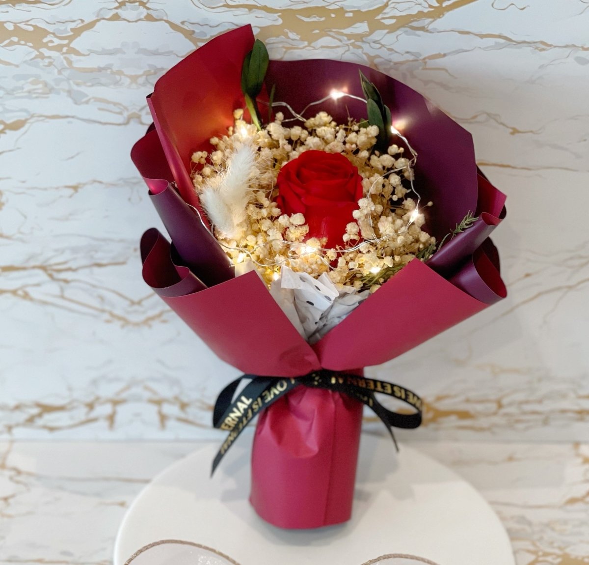 Passion Red - Everlasting Flower Bouquet (Real Preserved Roses and Dried Flowers) - Rainbowly Fresh Fruit Gift and Flower Arrangments