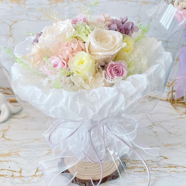 Pastel Love - Everlasting Rose Flower Bouquet (Real Preserved Roses and Dried Flowers)(Limited Stocks) - Rainbowly Fresh Fruit Gift and Flower Arrangments