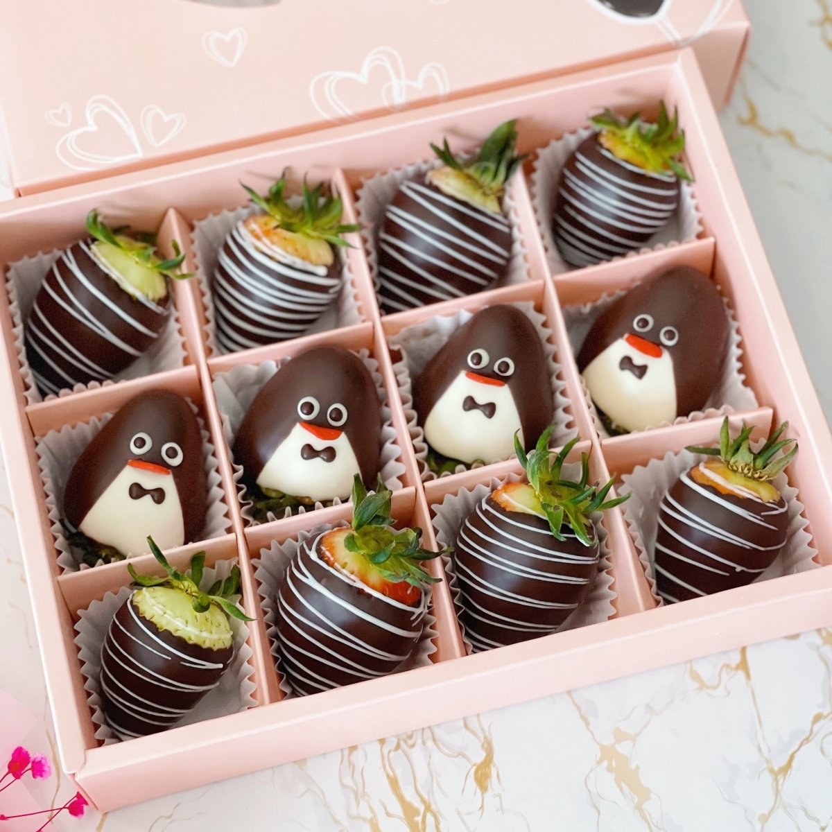 (Penguin Theme Chocolate Coated Strawberry Fruit Gift Box - Rainbowly Fresh Fruit Gift and Flower Arrangments