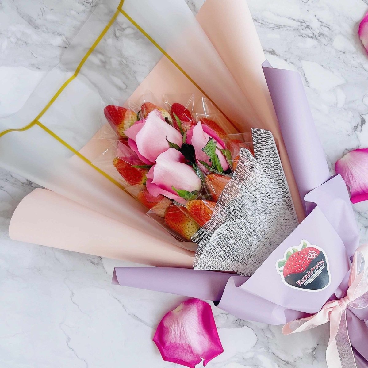 Pure Love Bouquet Fresh Fruit Strawberry with Flower Rose Arrangement - Rainbowly Fresh Fruit Gift and Flower Arrangments