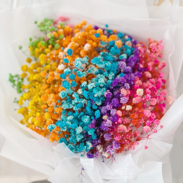 Rainbow Baby Breath - Everlasting Flower Bouquet (Real Preserved Roses and Dried Flowers) - Rainbowly Fresh Fruit Gift and Flower Arrangments