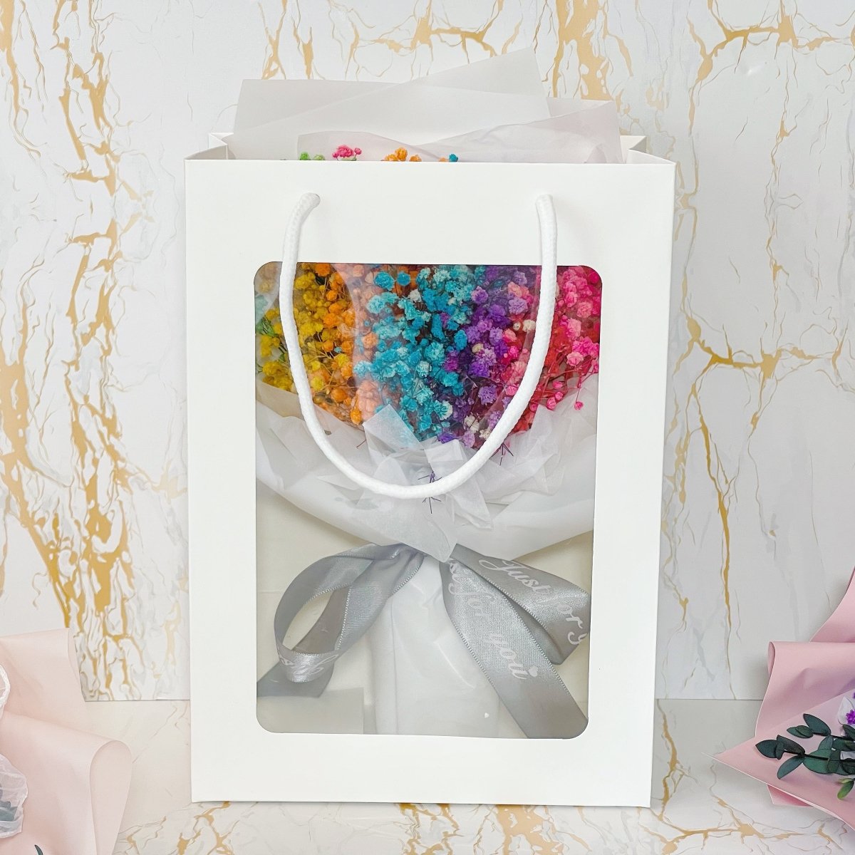 Rainbow Baby Breath - Everlasting Flower Bouquet (Real Preserved Roses and Dried Flowers) - Rainbowly Fresh Fruit Gift and Flower Arrangments