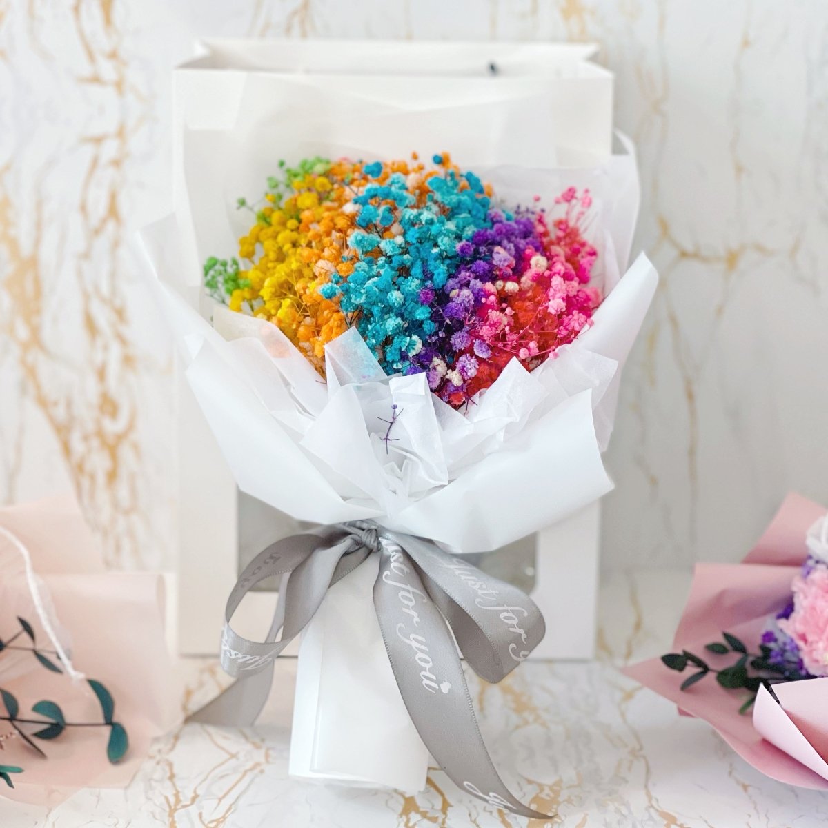 Rainbow Baby Breath - Everlasting Flower Bouquet (Real Preserved Roses and Dried Flowers) - Rainbowly Fresh Fruit Gift and Flower Arrangments