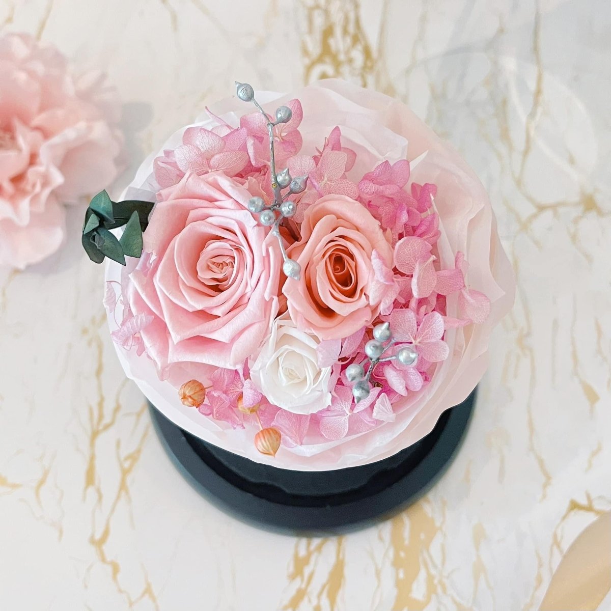 Rose Bouquet Dome - Everlasting Flower Bouquet (Real Preserved Roses and Dried Flowers) - Rainbowly Fresh Fruit Gift and Flower Arrangments