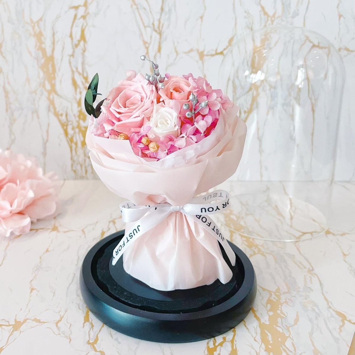 Rose Bouquet Dome - Everlasting Flower Bouquet (Real Preserved Roses and Dried Flowers) - Rainbowly Fresh Fruit Gift and Flower Arrangments