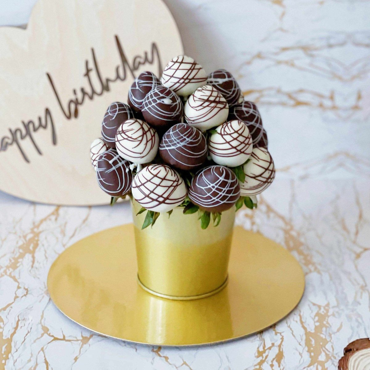 Simple as Black and White Fresh Fruit Arrangement with Chocolate Dipped Strawberries - Rainbowly Fresh Fruit Gift and Flower Arrangments