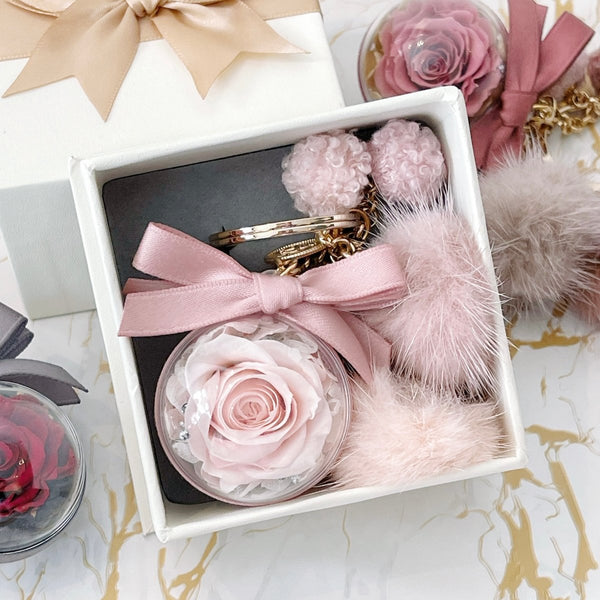 Sweet Pink - Everlasting Flower Charm Keychain (Real Preserved Roses and Dried Flowers Charm for Bags) - Rainbowly Fresh Fruit Gift and Flower Arrangments