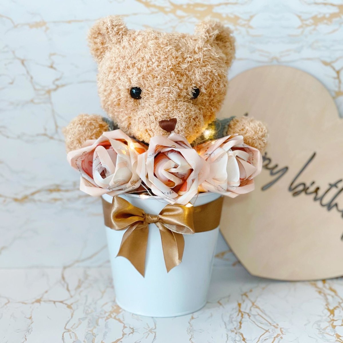 Teddy Bear with Money Rose Flower Bouquet Arrangement - Rainbowly Fresh Fruit Gift and Flower Arrangments