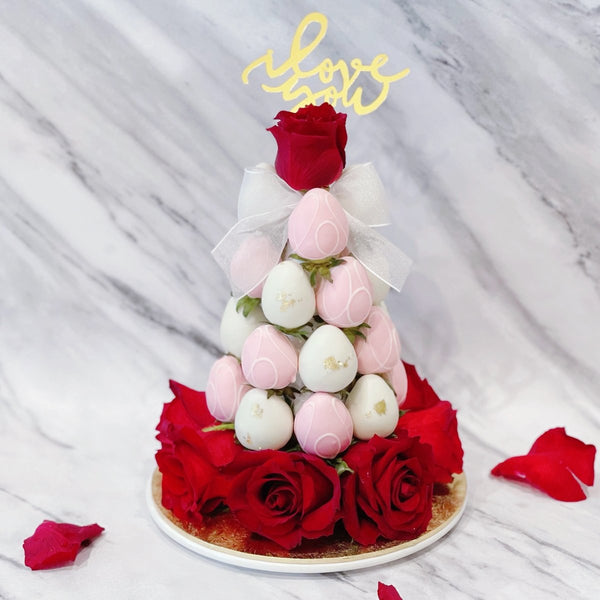 True Bliss Strawberry Tower | Fresh Fruit Arrangement with Chocolate Dipped Strawberry & Rose Flower Arrangements - Rainbowly Fresh Fruit Gift and Flower Arrangments