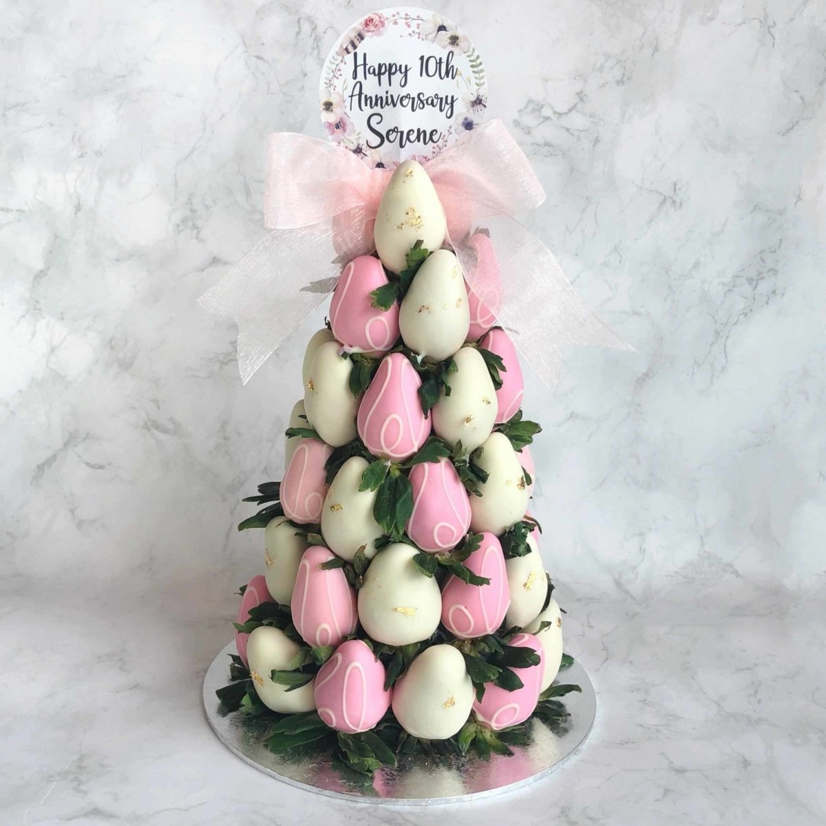 True Bliss Strawberry Tower | Fresh Fruit Arrangement with Chocolate Dipped Strawberry & Rose Flower Arrangements - Rainbowly Fresh Fruit Gift and Flower Arrangments