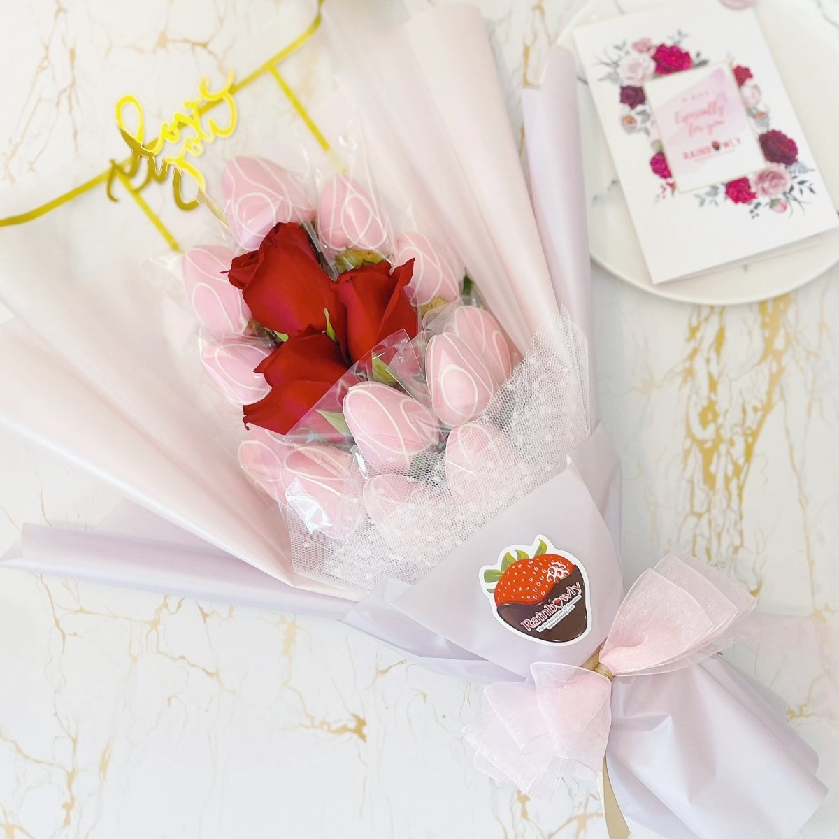 Valentines Special - Pinky Wish Chocoberry | Chocolate Dipped Strawberry Fresh Fruit Arrangement with Rose Flower Bouquet - Rainbowly Fresh Fruit Gift and Flower Arrangments