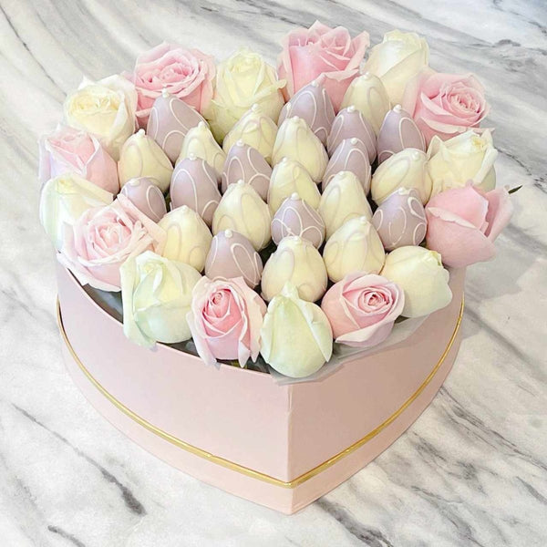 You Own My Heart Chocolate Dipped Strawberry Flower Rose Heart Gift Box - Rainbowly Fresh Fruit Gift and Flower Arrangments